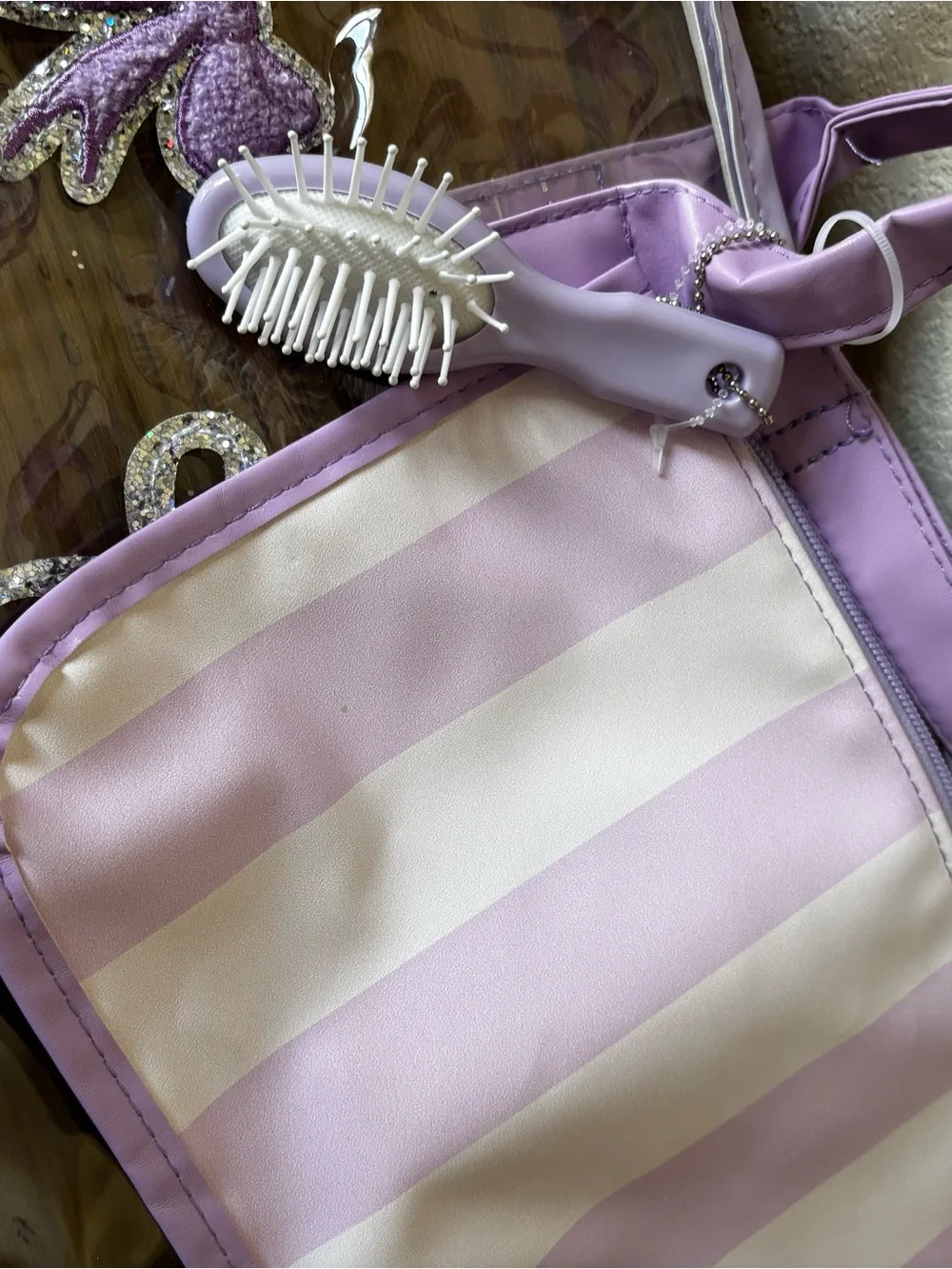 Lilac Clear PVC Tote with Striped Pouch